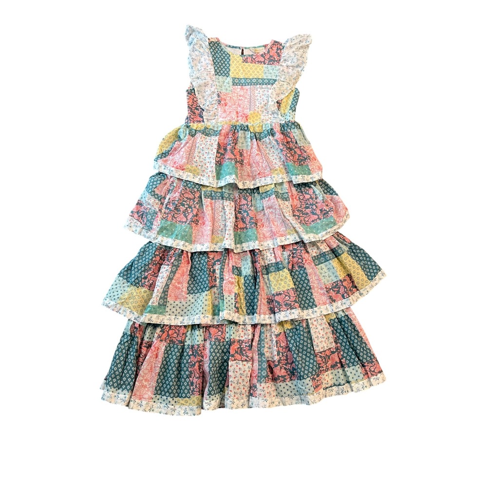 Simply Southern Hailey Patchwork Maxi Dress XS Pink Teal Floral Tiered Cotton